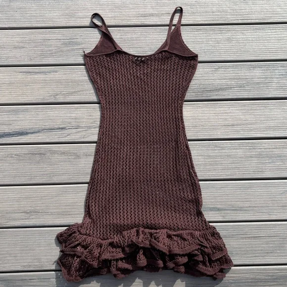 Brown Fishnet; Slip On; Swim Cover Dress; Spaghetti Straps; Ruffled Bottom; L - Picture 10 of 10